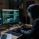 Stereotypical hacker trying to break into a system