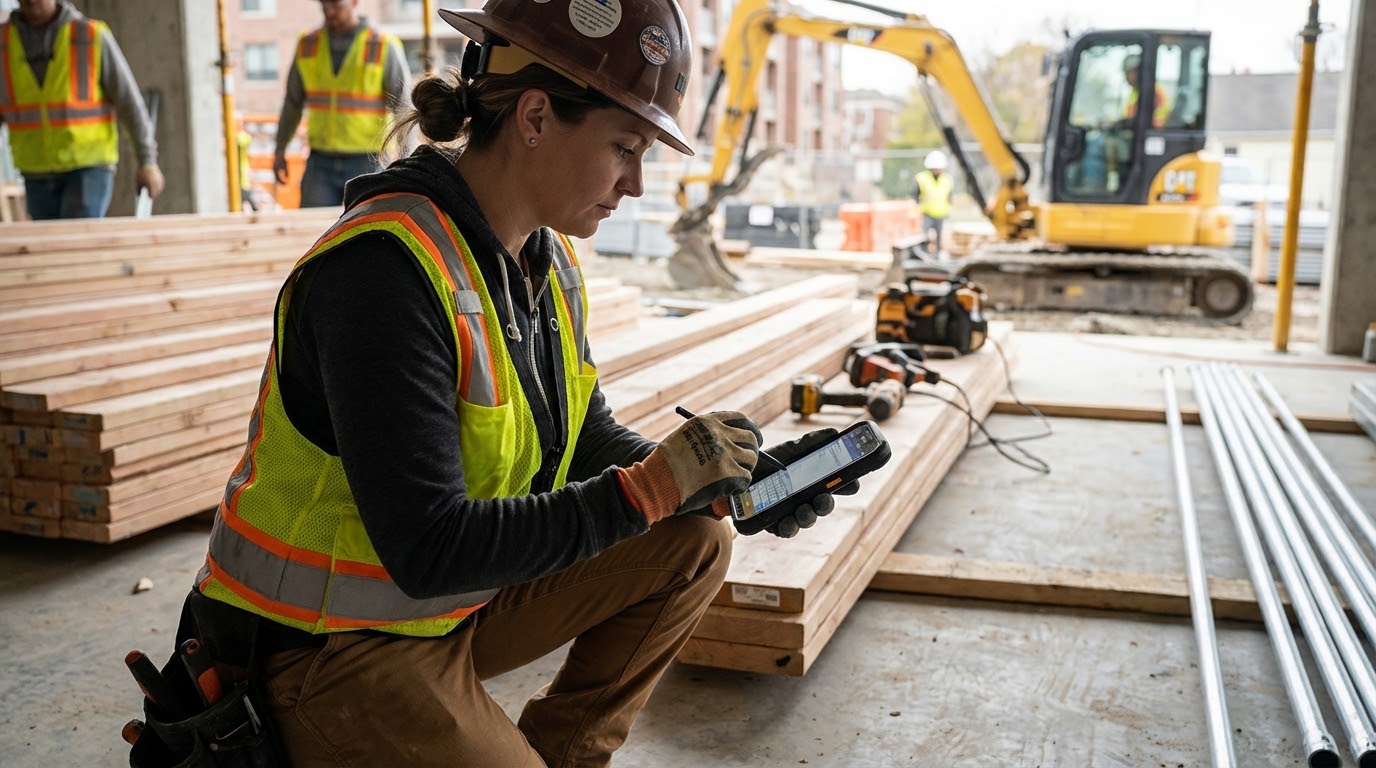 Female Tradie on Brisbane jobsite with mobile app sending data to Shellys bookeeeping